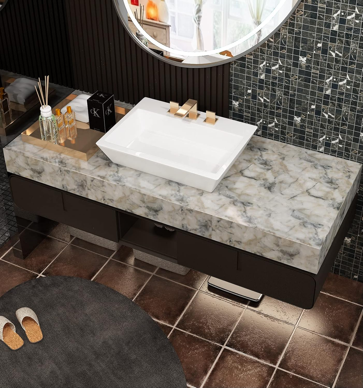 Livelynine 15.8X197 Light Blue Marble Wallpaper Peel and Stick Countertop Contact Paper Waterproof White Navy Marble Contact Paper Peel & Stick Countertops for Bathroom Counter Desk Top Vinyl Wrap image number 5