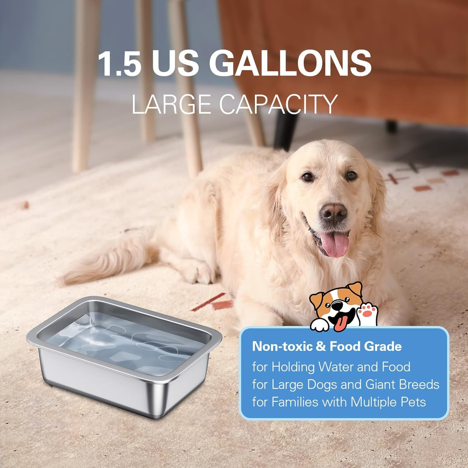 1.5 Gallon Stainless Steel Dog Bowls for Large Dogs, Water and Food Bowl, Outdoor for M-Sized and X-Large Dogs