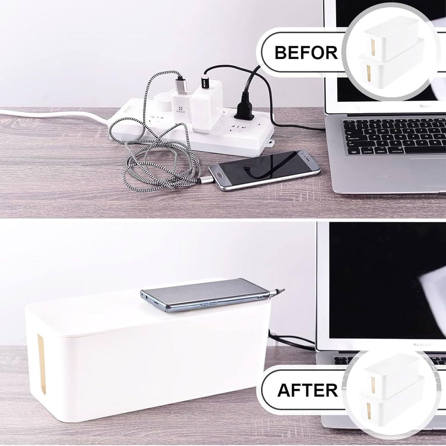 3PCS Cable Management Boxes Organizer, Cord Organiser Box System to Cover and Hide & Power Strips & Cords,Large Storage Wires Keeper Holder for Desk, TV, Computer,Usb Hub (White)