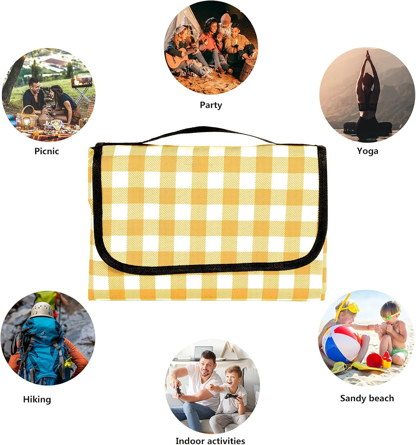 Picnic Blanket Waterproof Beach Rug Picnic Mat Washable Lightweight with Handle Yellow Checkered for Hiking Travelling Outdoor Camping,Parks,200Cm * 200Cm image number 6