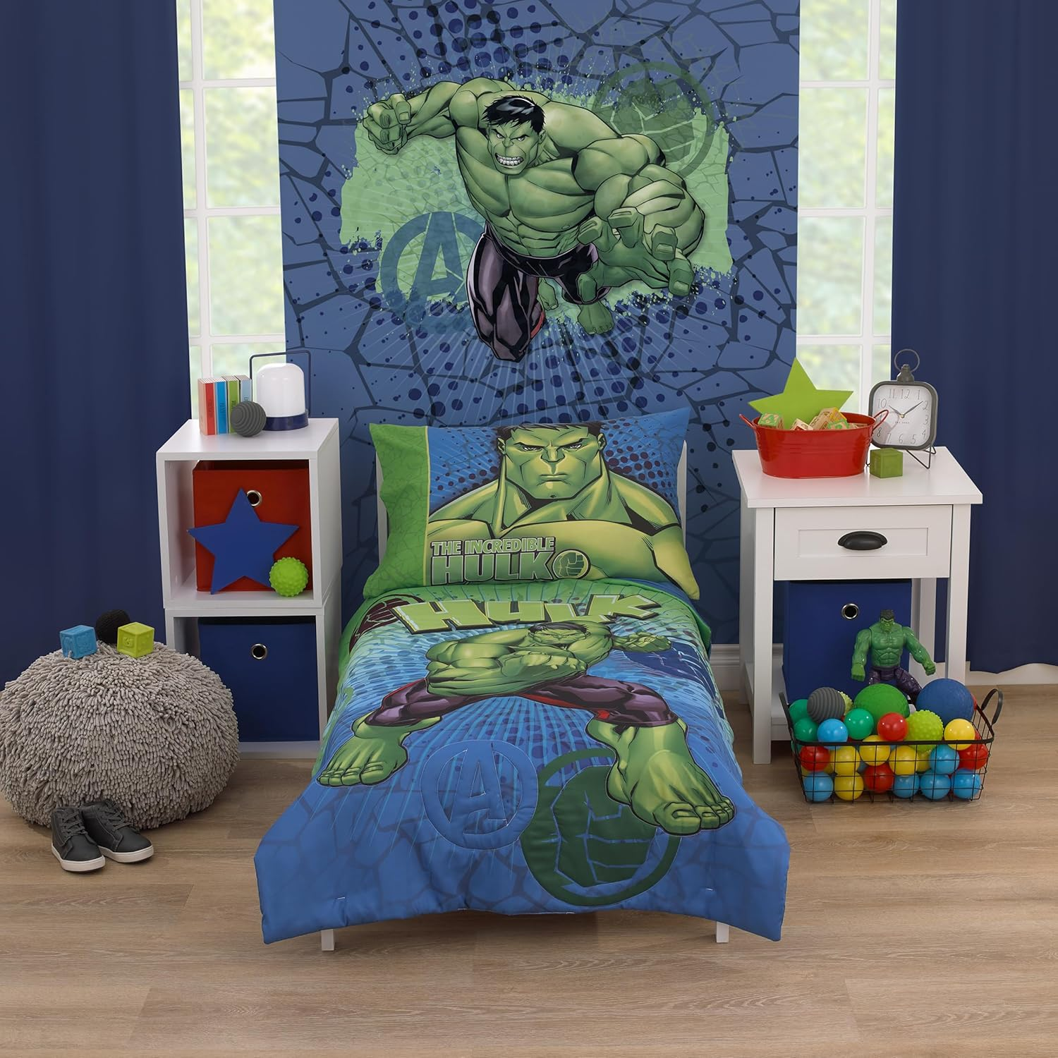 Nojo Marvel the Incredible Hulk Green, and Blue 4 Piece Toddler Bed Set - Comforter, Fitted Bottom Sheet, Flat Top Sheet, and Reversible Pillowcase - Batwheels - Ready To Roll image number 5