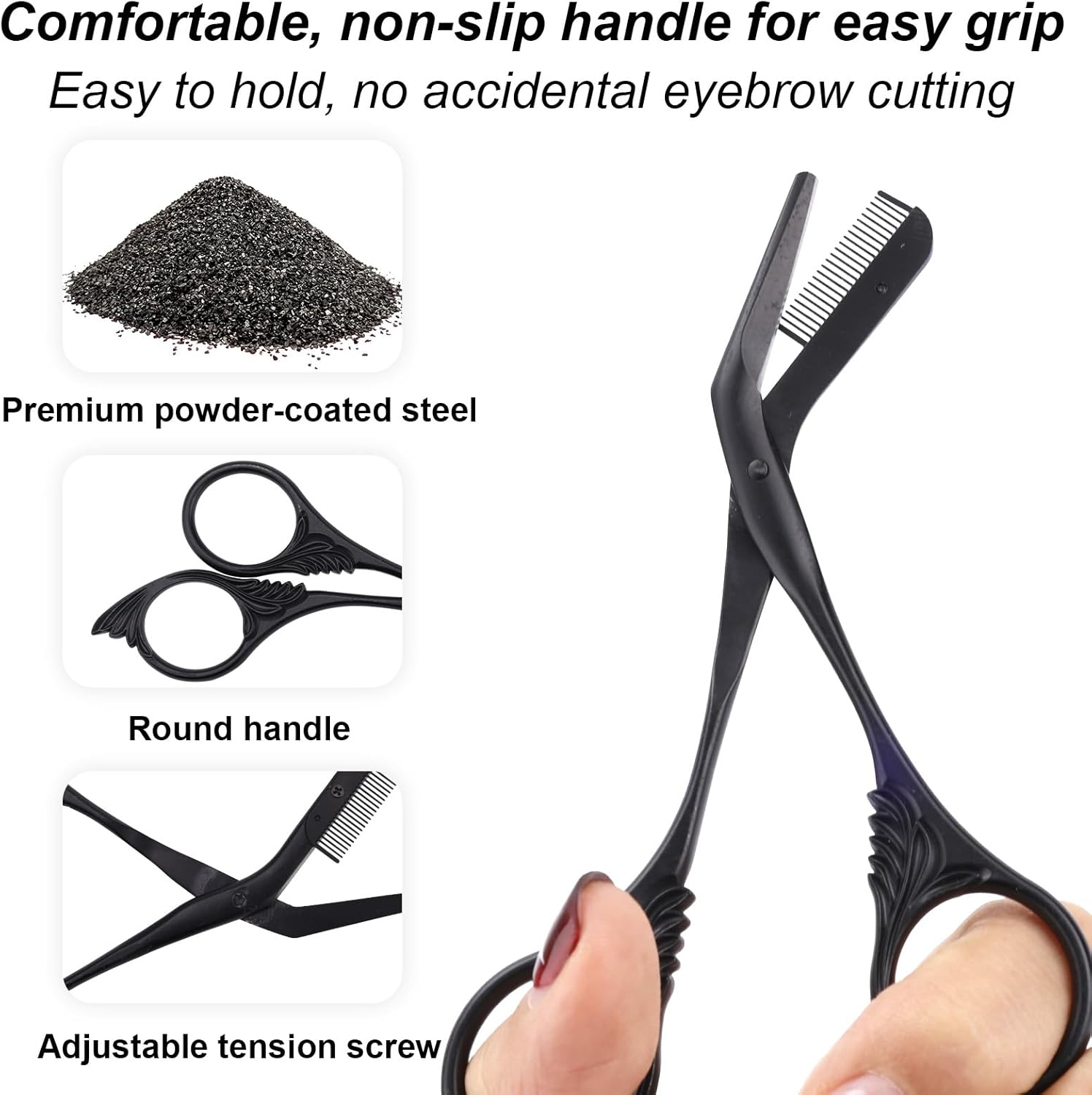 Fukaisu Professional Eyebrow Scissors, Stainless Steel Eyebrow Scissors Trimmer with Comb Black Non-Slip Trimming Scissor for Women image number 6
