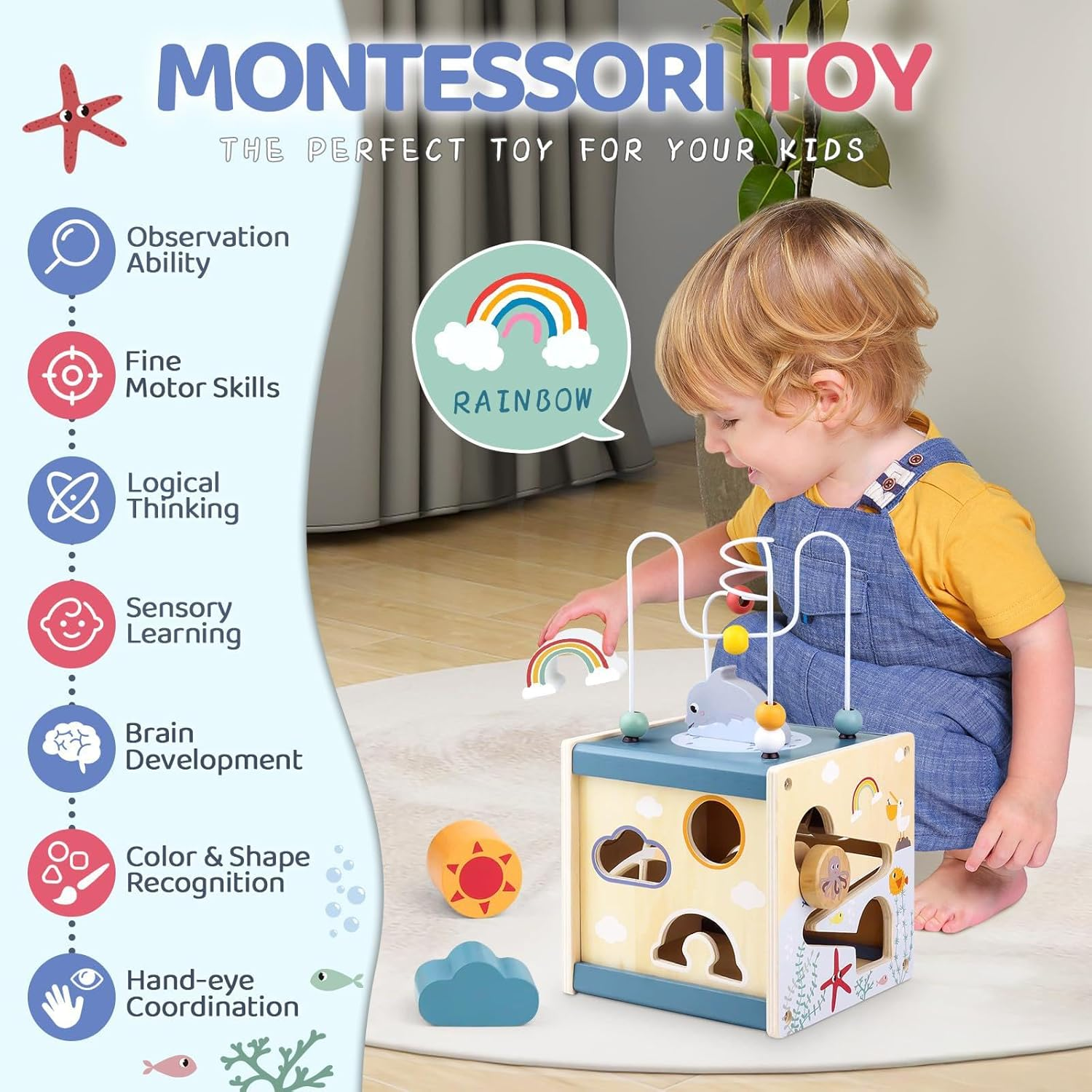 Wooden Activity Cube Montessori Toy with Ocean Elements, Educational Learning Toy for Toddlers 1 Year and Up, 12&ndash;36 Months Sensory Interactive Toy for Boys and Girls, Ideal Birthday Gift image number 2