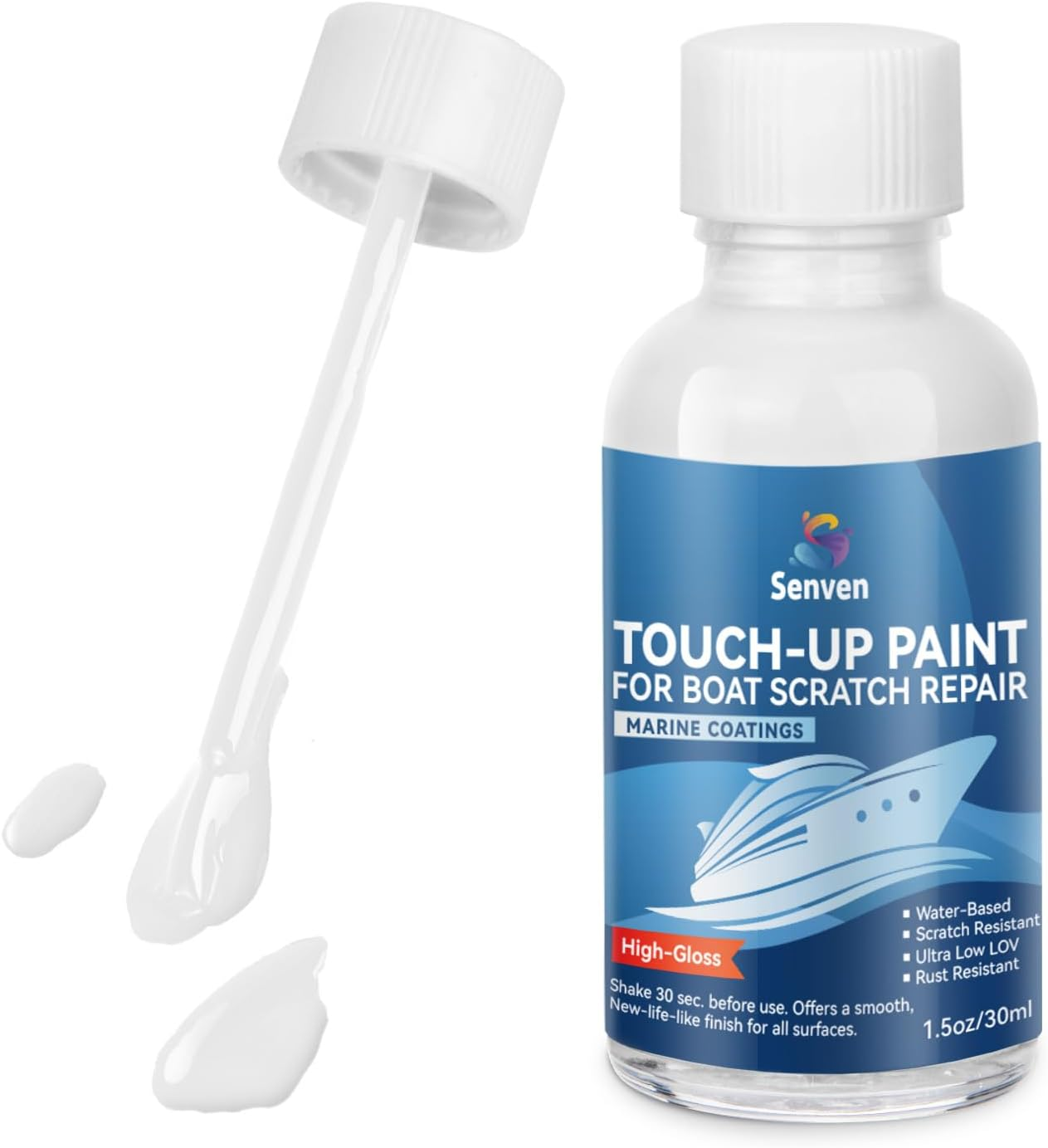 Boat Paint White Touch up Pen High-Gloss Boat Scratch Repair Marine Topside Wet Edge Bottom Enamel Marine Repair for Boats, Wood, Fiberglass, Aluminum, Metals Water-Based 30Ml