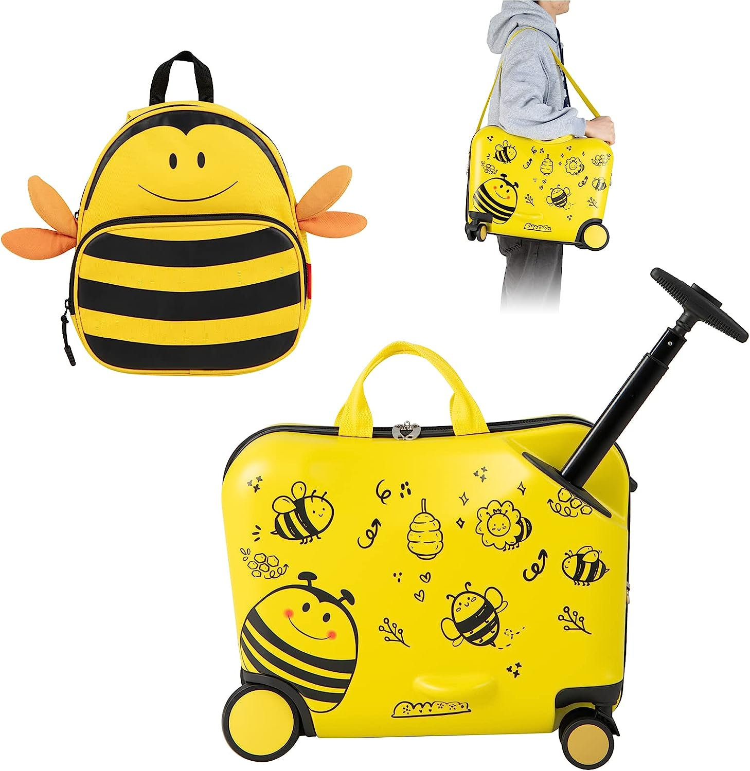 Costway 2 PCS Kids Ride-On Luggage Set, Portable Carry-On Suitcase & Backpack Set W/Anti-Lose Rope, Retractable Rod, Adjustable Strap, Rolling Hardshell Trolley Luggage for over 3 Years Old image number 4