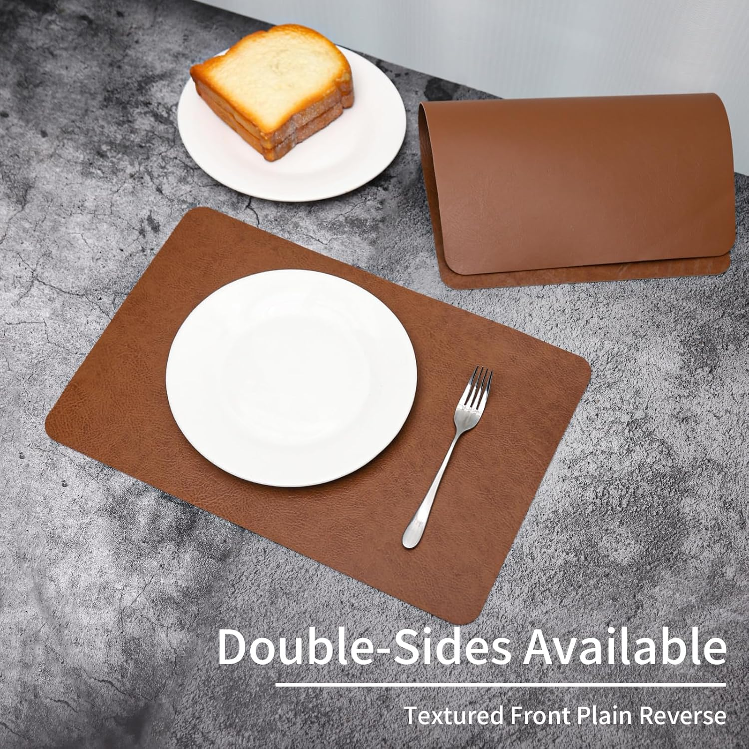 Cowhide Pattern Faux Leather Placemats Set of 6,Heat Resistant Non-Slip Waterproof Wipeable Washable Kitchen Dining PU Table Place Mats,Double-Sides Available,Dark Coffee image number 5