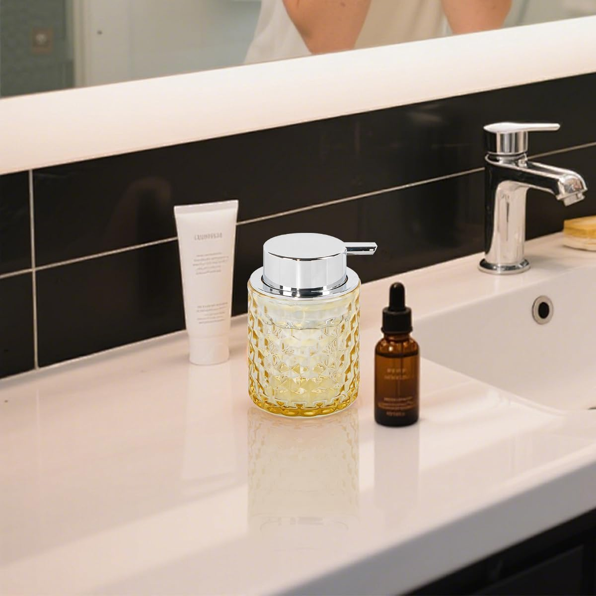 Skogfe Glass Hand Foaming Soap Dispensers with Silver Pump, Foaming Hand Soap Dispenser Modern Foam Dispenser for Bathroom, Kitchen, Commercial (Clear) image number 5