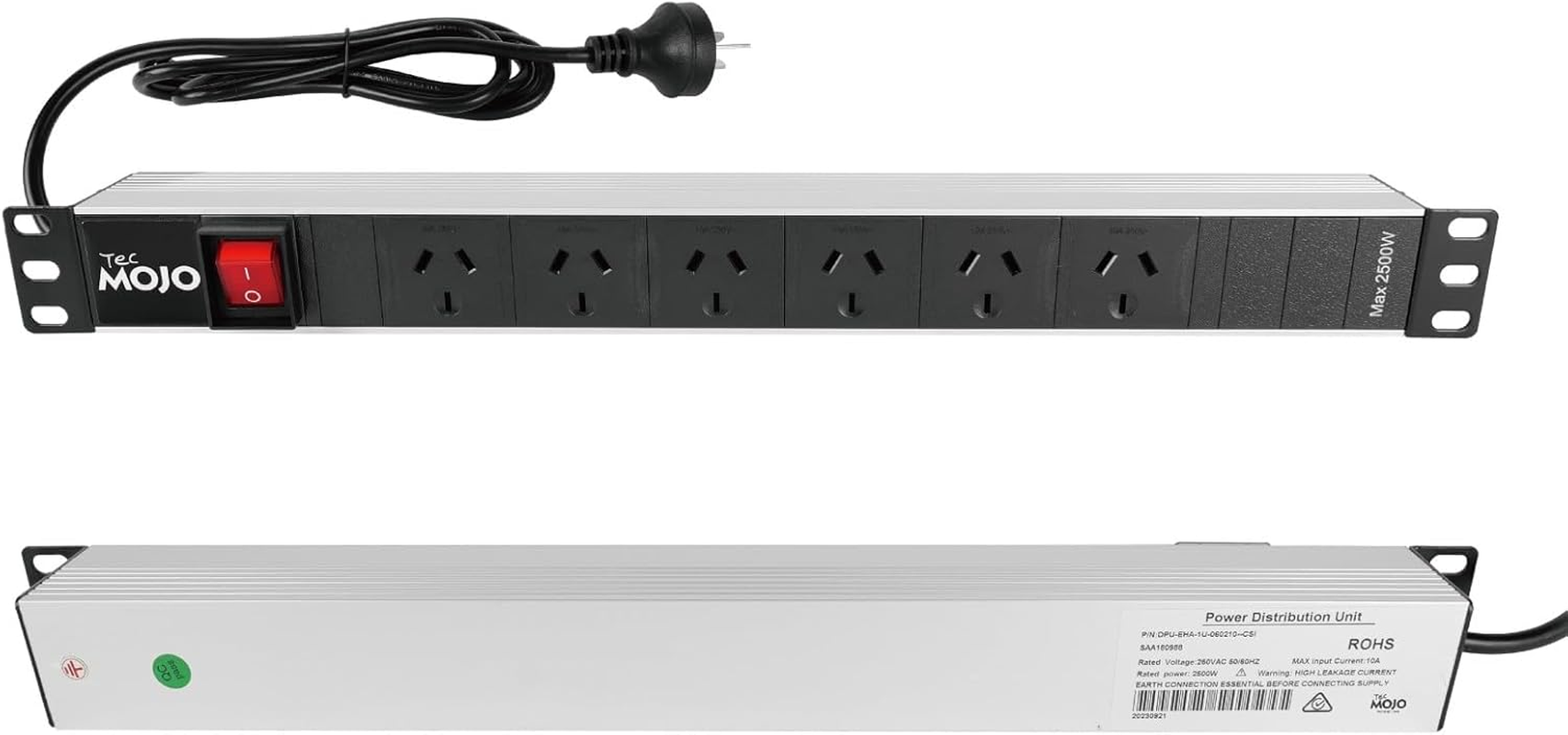 Tecmojo 1U Rack Mount PDU Power Strip, Power Distribution Unit for 19 Inch Server Cabinet, 6 Outlets with 2M Power Cord, Double-Break Switch, 10A 250V 50/60HZ, Black image number 4