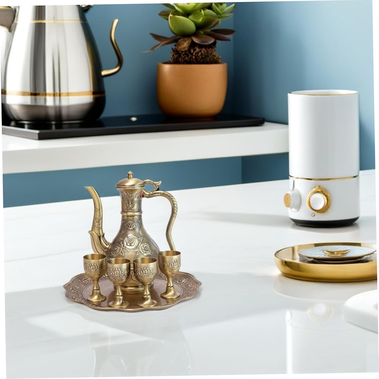 LABRIMP Vintage Turkish Tea Set Metal Espresso Coffee Pitcher with Artistic Rose Embossing Fade-Resistant Bronze Finish Elegant Court Style Coffee Decanter Tray for Home Bar Wedding And image number 5