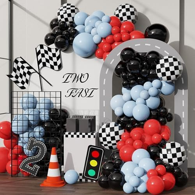 145 Pcs Racing Car Balloon Garland Racing Car Party Decorations Racing Car Balloon Black Red Balloon Garland Arch Kit Black Red Blue Balloons Checkered Balloons for Racing Car Party Supplies