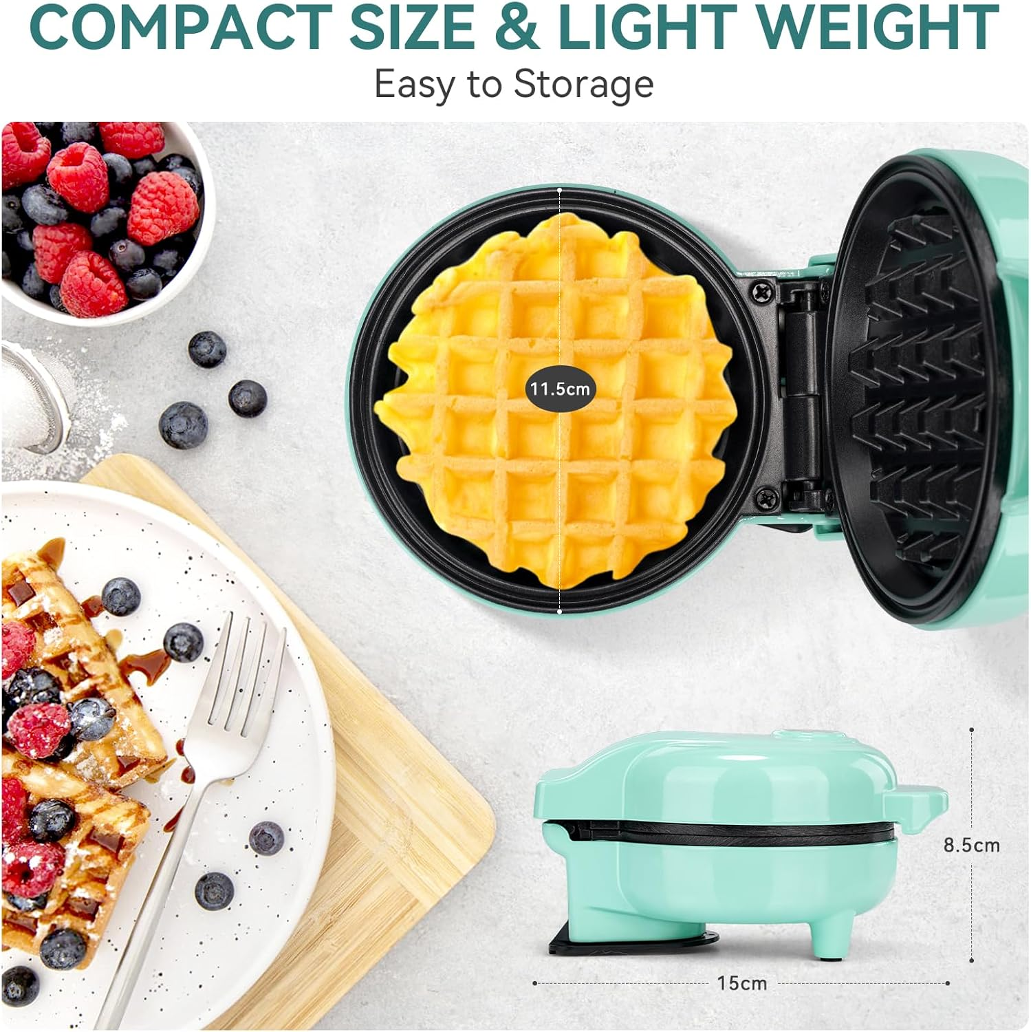 SNAILAR Mini Waffle Maker Belgian Waffle Maker Small Classic Waffle Maker for Children'S Birthdays, Family Parties, Easter or Christmas, Cute and Compact Design, 550 Watts, Green - Green image number 2