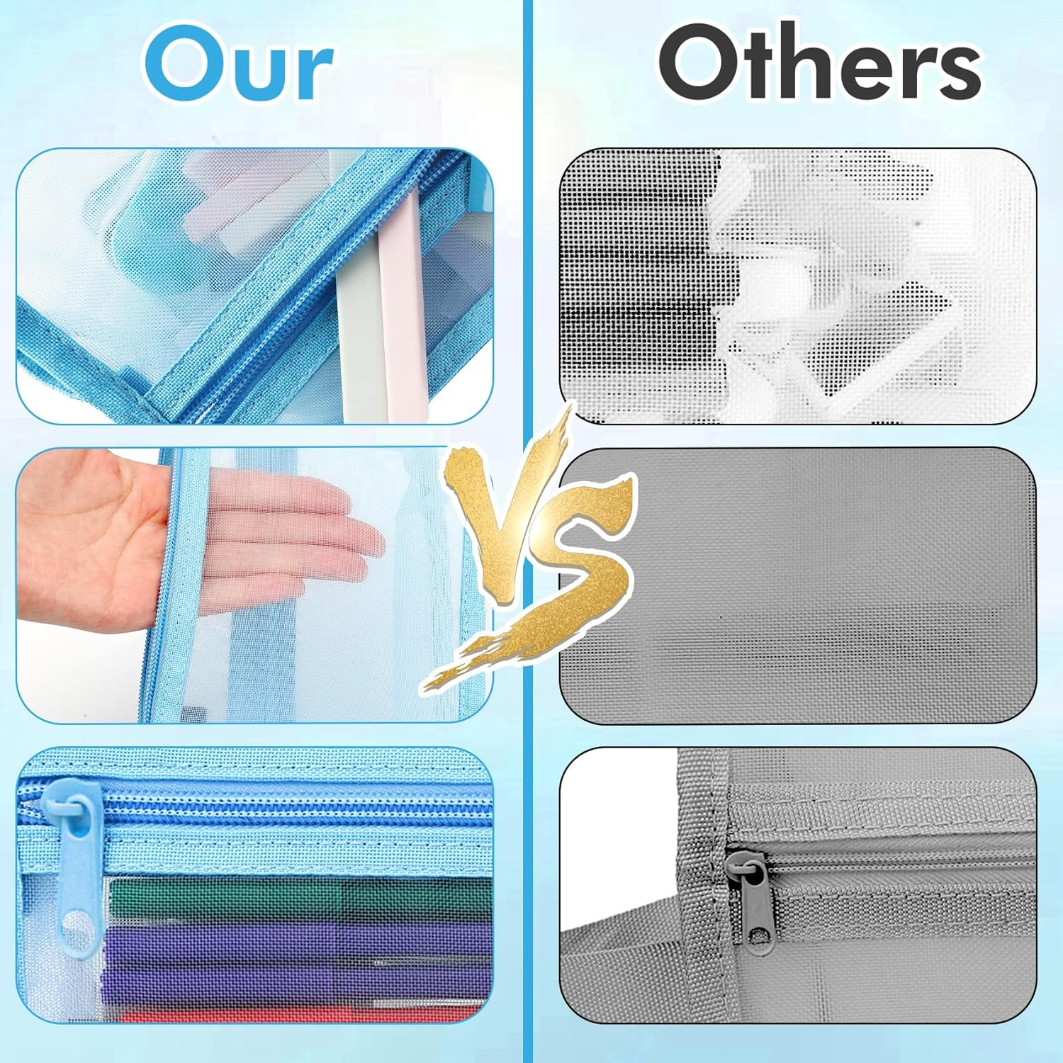 Mesh Transparent Pencil Case,Grid Mesh Pencil Case with Zipper,1Pcs Blue Clear Case Large Pen Bag,Multifunctional Mesh Pen Pouch,Transparent Portable Storage Organizer Holder for Makeup Tool