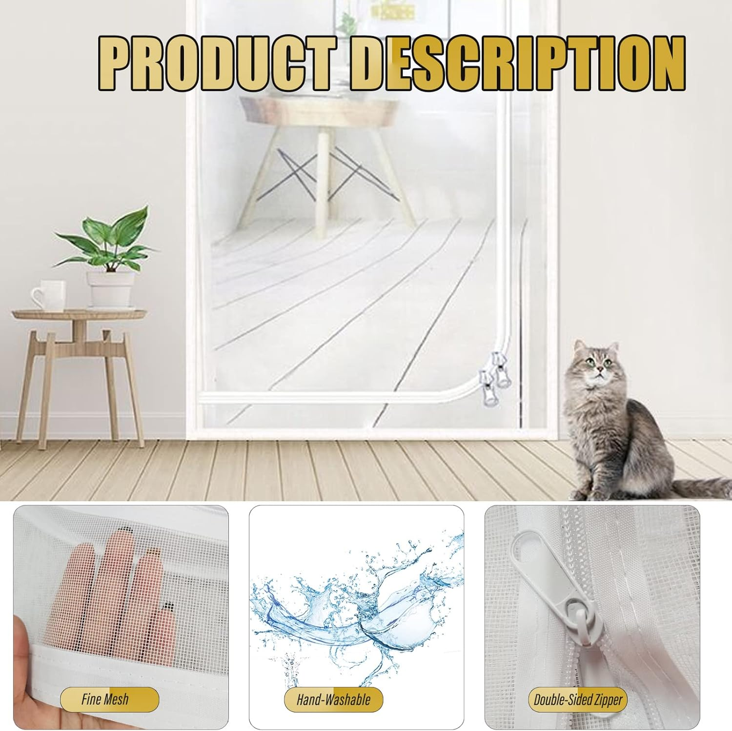 Cat Resistant Mesh Screen Door, 38" X 83" with Zipper Stop for Pets, Thickened Pet Screen for Home Bedroom, Living Room image number 6