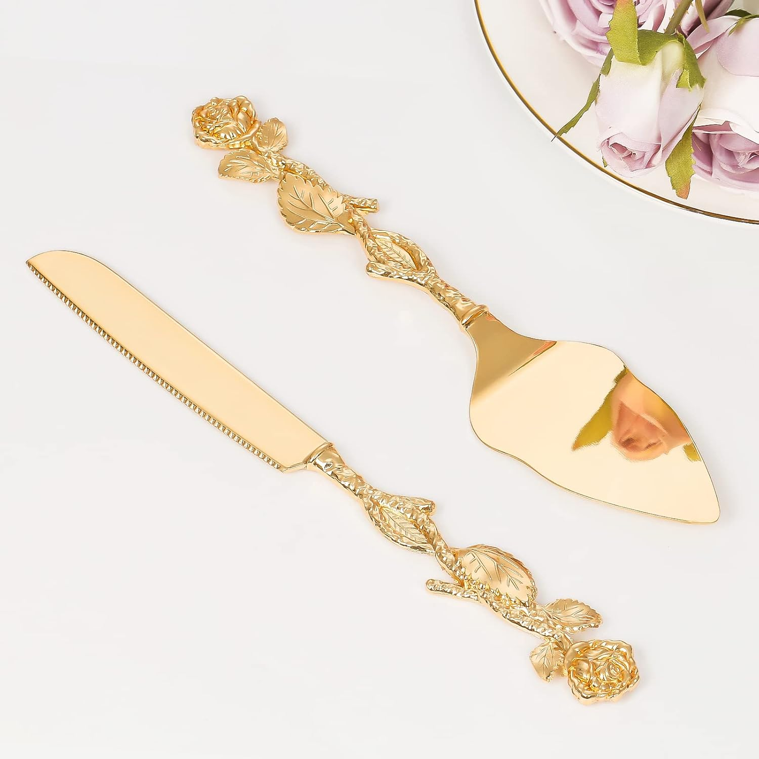 Cake Cutting Set for Wedding, Personalized Gold Cake Knife and Server Set, Custom Cake Serving Set, Engraved Pastry Pie Server Cake Pizza Cutter, Birthday Bridal Gift (F-Rose), GF678 image number 5