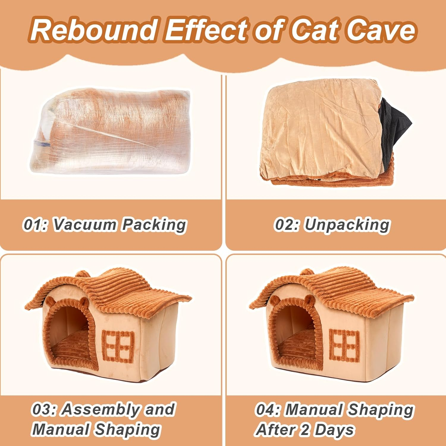 Jiupety Bear Cat Houses for Indoor Cats, Chimney Cute Cat Bed Cave, Enough Interior Space, Cartoon Soft Pet House up to 3-7 Lbs Kitten, Brown image number 4