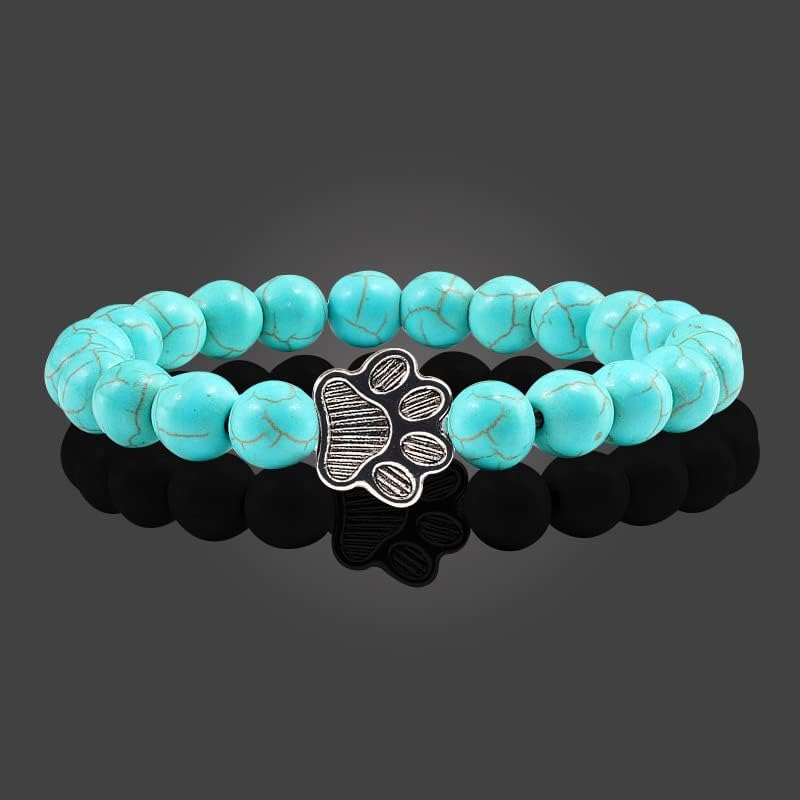 POYAMUSE Lovely Pet Paw Turquoise Beaded Strand Bracelet for Women Men Pet Memorial Jewelry, Cute Dog Cat Paw, Colorful Turquoise Beads - Black Matt image number 5