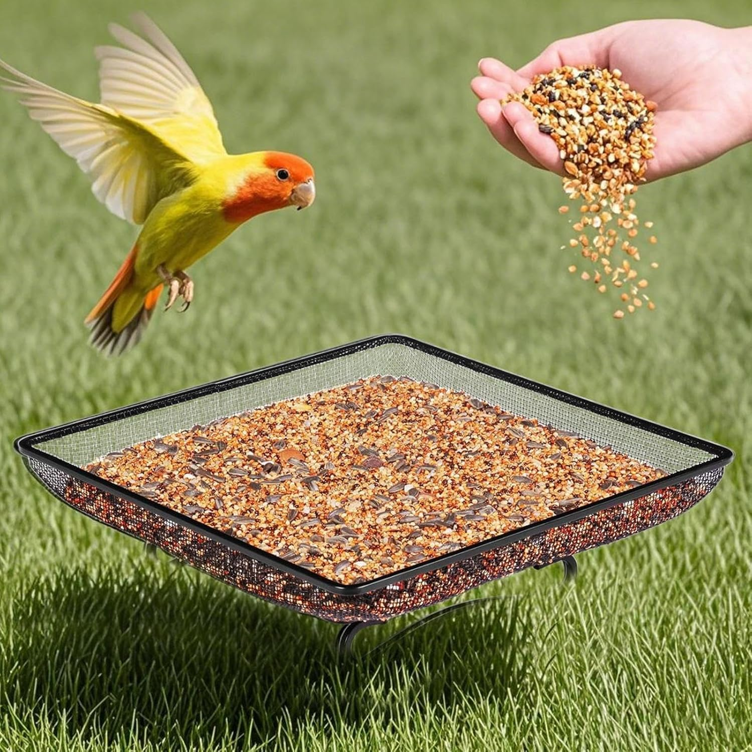 Bird Feeders for Outdoors,Ground Humming Bird Feeder Tray | Metal Mesh Bowl Feeding Supplies Station, Pet Supplies for Bunny Crow Blue Jay Squirrel Garden Decor Outside image number 3