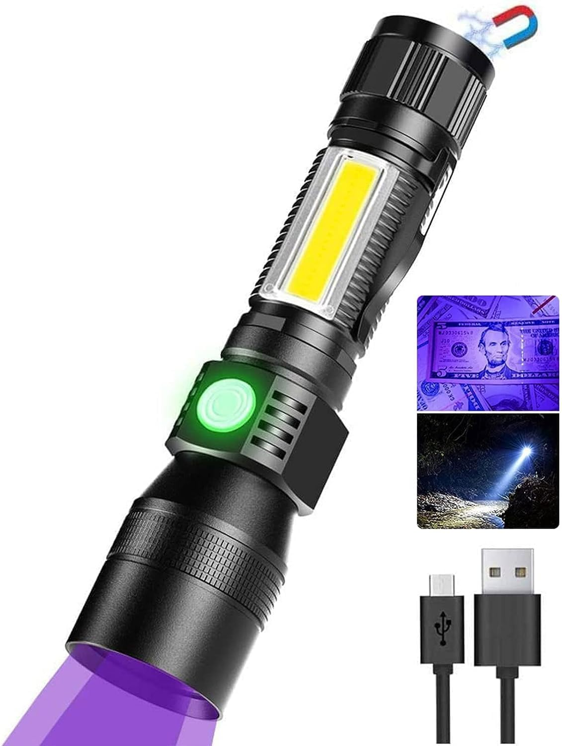 Rechargeable Flashlights, 3 in 1 Super Bright Black Light Flashlights 1200 Lumens, 7 Modes, Zoomable, IPX6 Waterproof Flash Light Recharchable for Camping, Emergency, Pet Clothing Detection image number 1