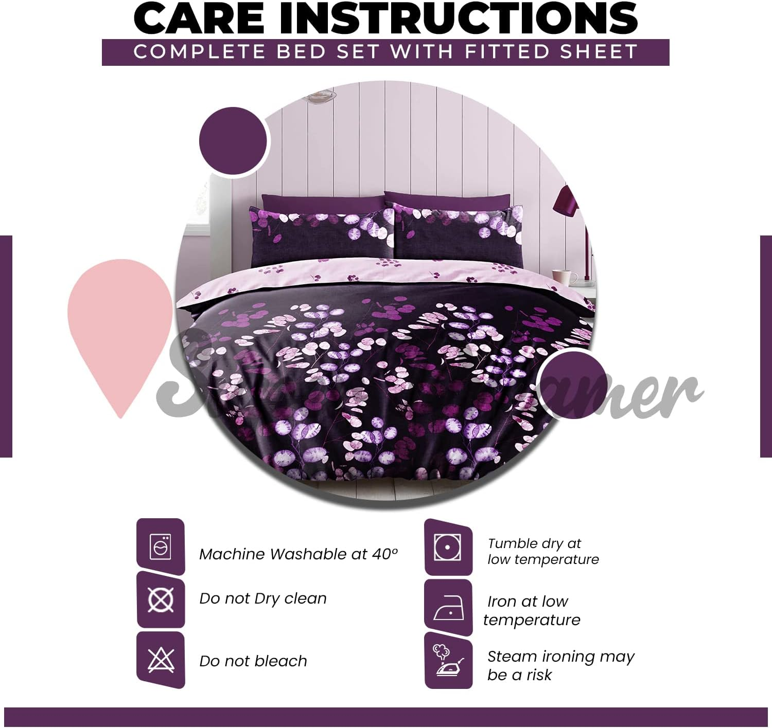 Botanical Fitted Sheet Single Duvet Cover with Pillowcase, 3Pcs Breathable Complete Bedding Set, Purple image number 2