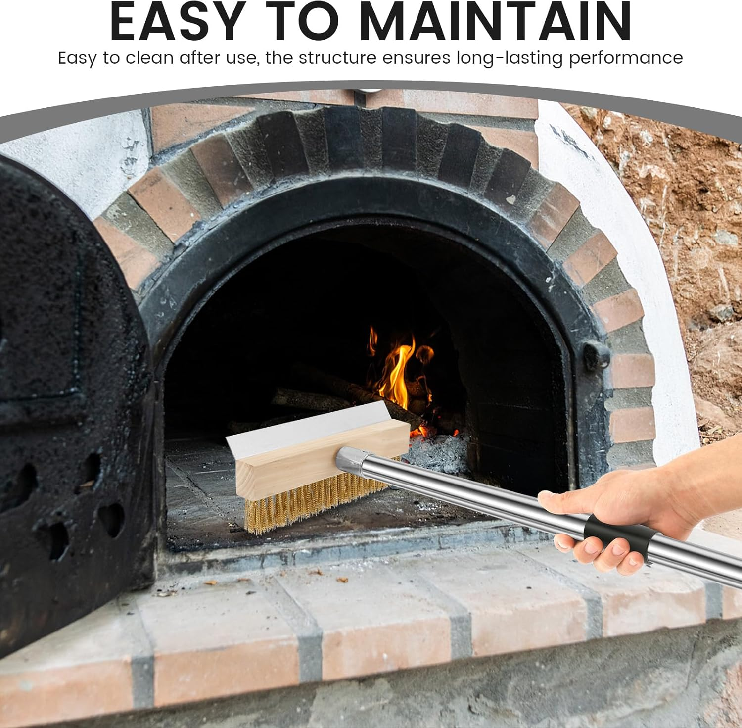 Pizza Oven Brush, with Scraper, Non Scratch Heat Proof Brass Bristles, Practical Grill Cleaner Tool with Long Handle Portable, Outdoor Pizza Oven Accessory, for Commercial Cleaning Kitchens image number 5