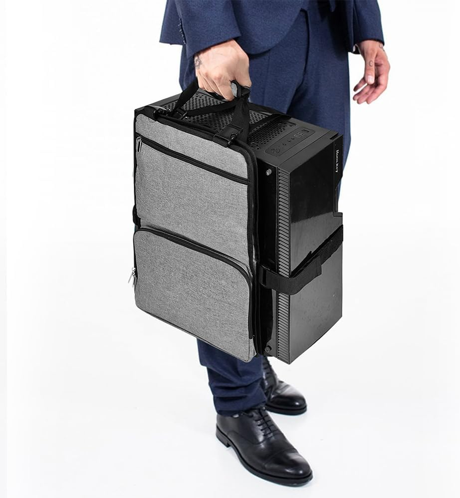 Pc Tower Carrying Strap, Computer Desktop Tower Large Carrying Case, Desktop Computer Case Belt Holder with Pockets for Keyboard, Cable, Headphone, Ideal for Transporting on the Go (Black) image number 2