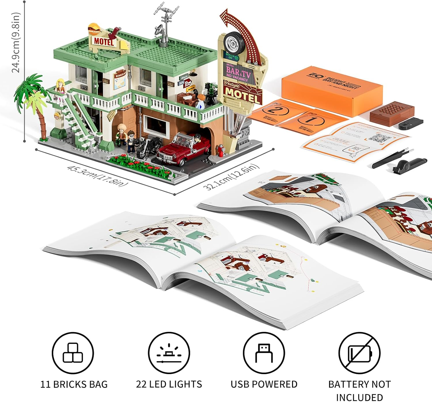 FUNWHOLE City Car-Motel Lighting Building Block Set - Retro Road Trip Car and Motorcycle Model, 1970 Pieces for Adults and Teens image number 4