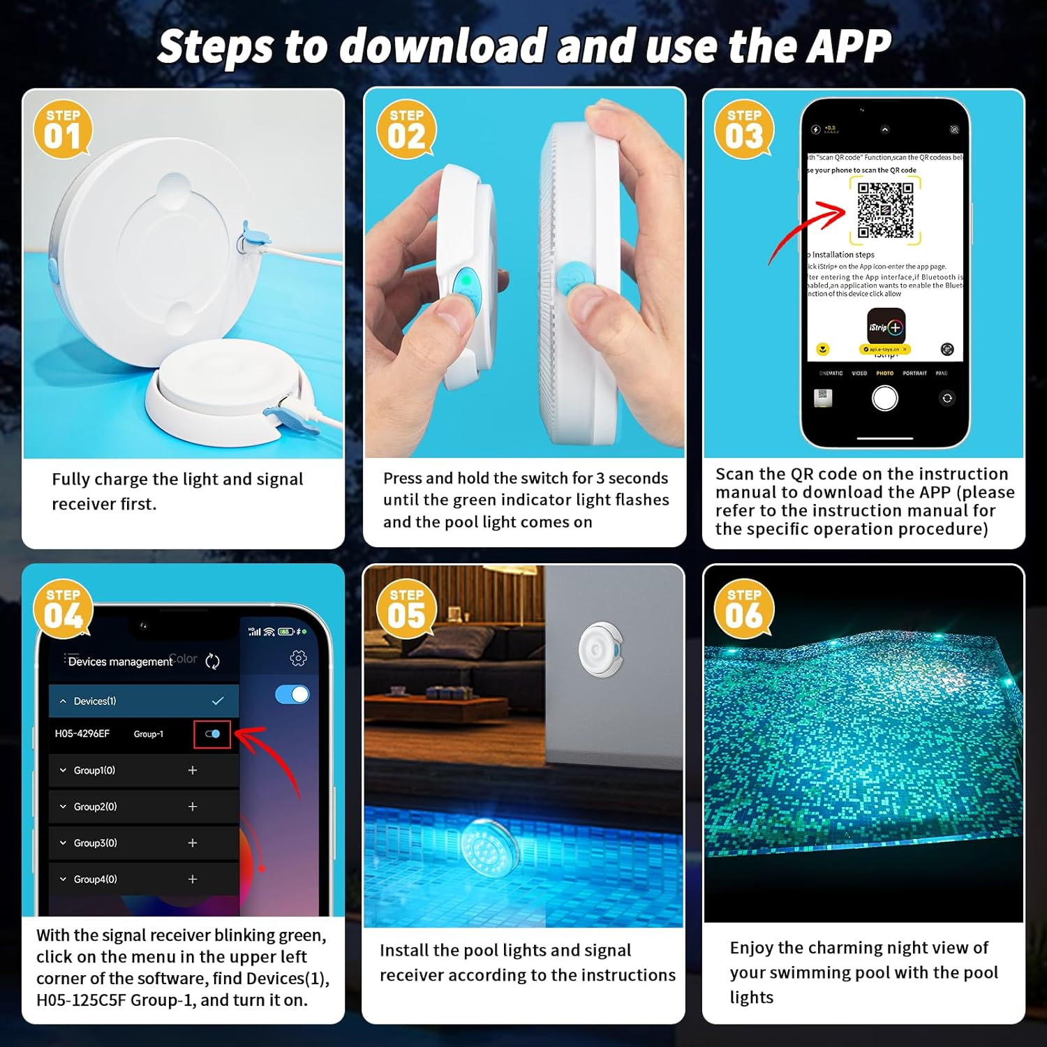 Homly Rechargeable Submersible Pool Lights with Wireless APP Control, Waterproof Underwater Smart LED Lights Controlled Multiple Lighting Modes, 4000Mah Magnets Lights for Multi Scene Pool Decoration image number 3