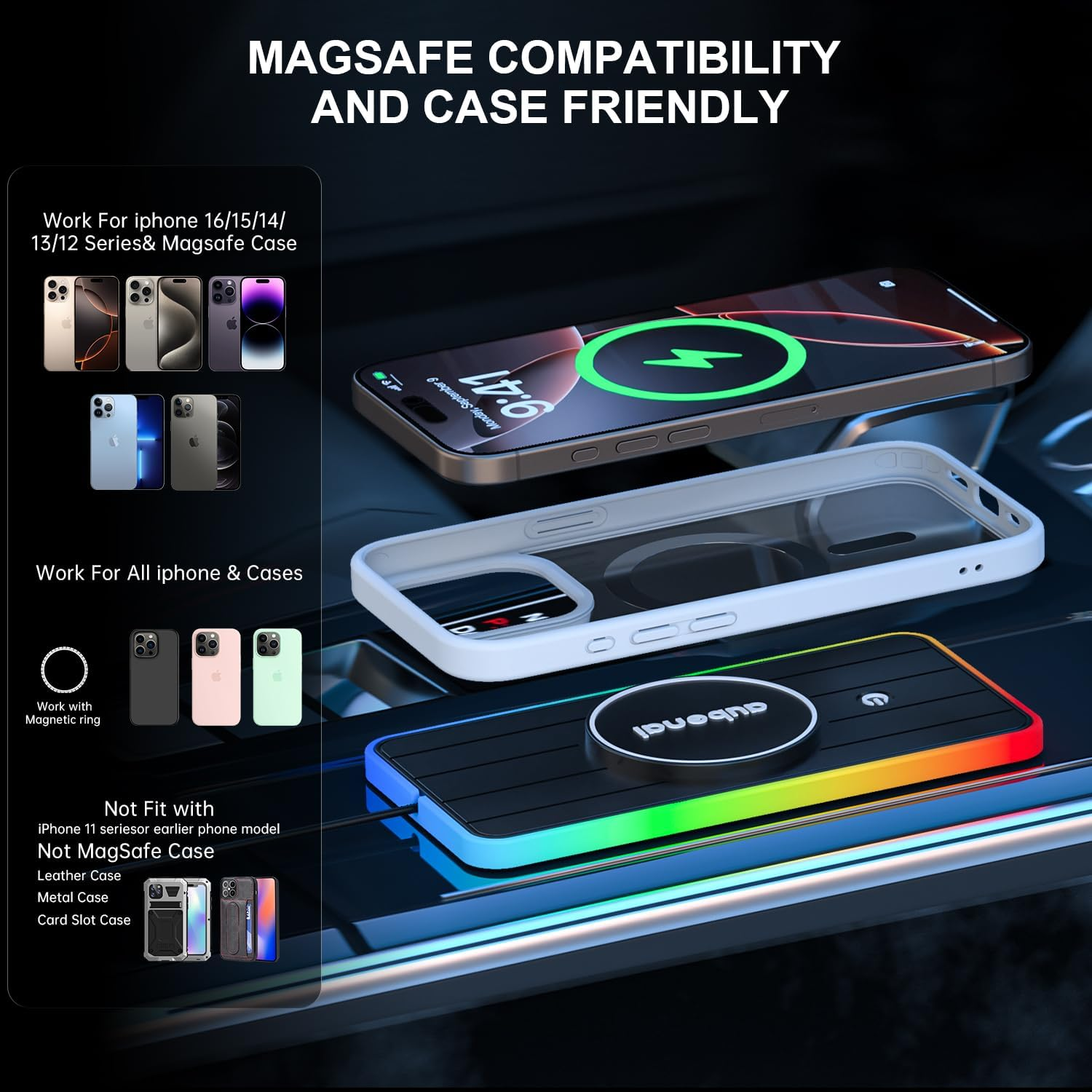 Magnetic Wireless Car Charger Pad, Aubenai 15W RGB Fast Wireless Charging Pad Non Slip Charging Mat with 70Cm Extension Cable Compatible with Magsafe Charger Iphone 16 15 14 13 12 (Extension USB-A) image number 4