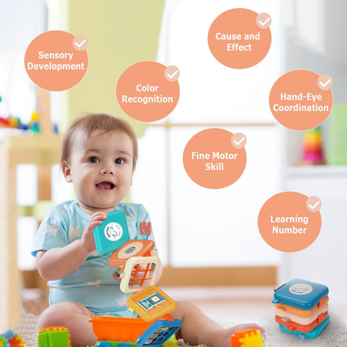 Baby Montessori Busy Activity Cube Board Toys for 1 Year Toddler, 8 in 1 Early Educational Learning Travel Cube for Plane ＆ Car, Sensory Toy for Boys Girls