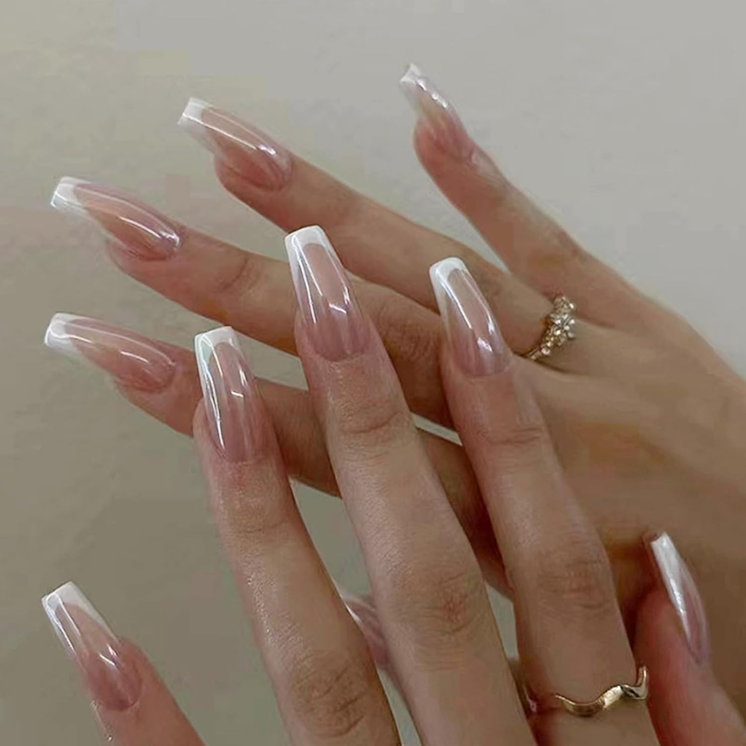 24PCS French Pink Kitty Press on Nails,Cute Kawaii 3D False Nails,Cartoon Y2K Long Length with Pearl and Bow Design,Trapezoid Coffin Fake Nails,Glossy and Full Cover Acrylic Nails for Women