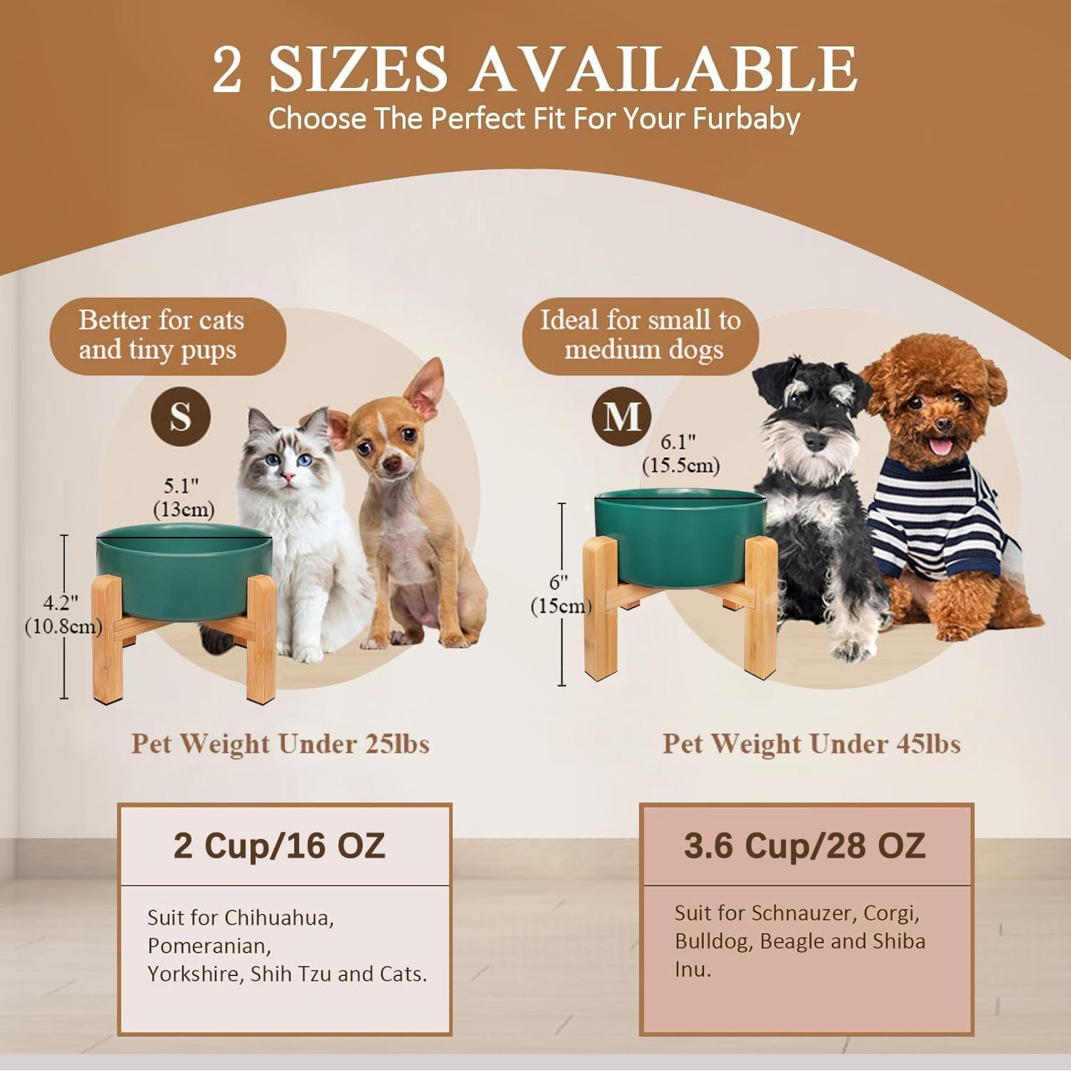 Elevated Ceramic Dog Bowl - PRENDIEEN Raised Dog Bowls with Non-Slip Bamboo Stand - Dog Food and Water Bowl - Dog Feeding Bowls - Pet Dishes for Cats and Small Dogs - 16 OZ - 480 ML (Yellow, Small) image number 5