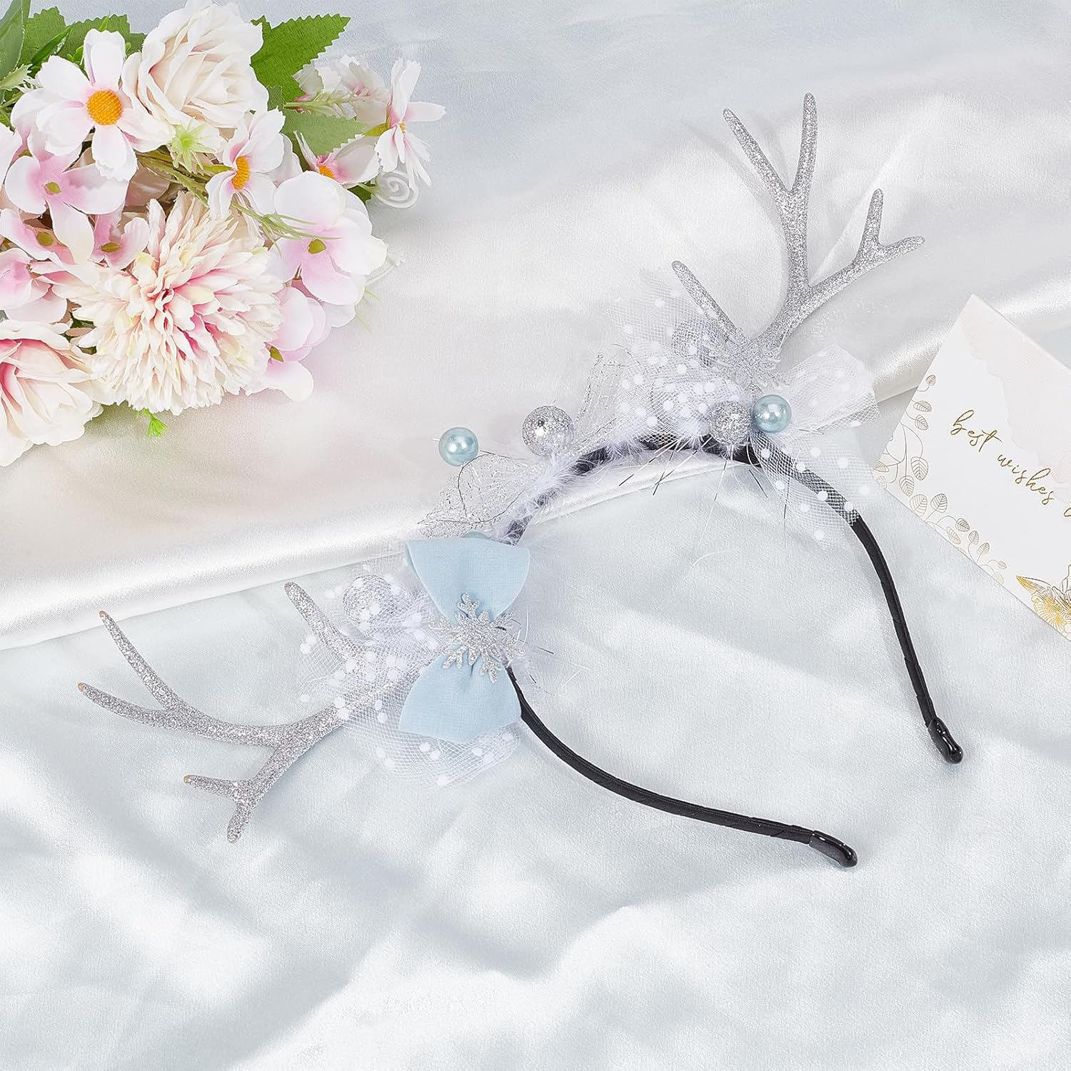 NICENEEDED Christmas Elk Antlers Headband, Bow Hair Hoop Snowflake Headpiece Xmas Head Boppers Glitter Headdress, Holiday Costume Headwear for Party Hair Accessories image number 2