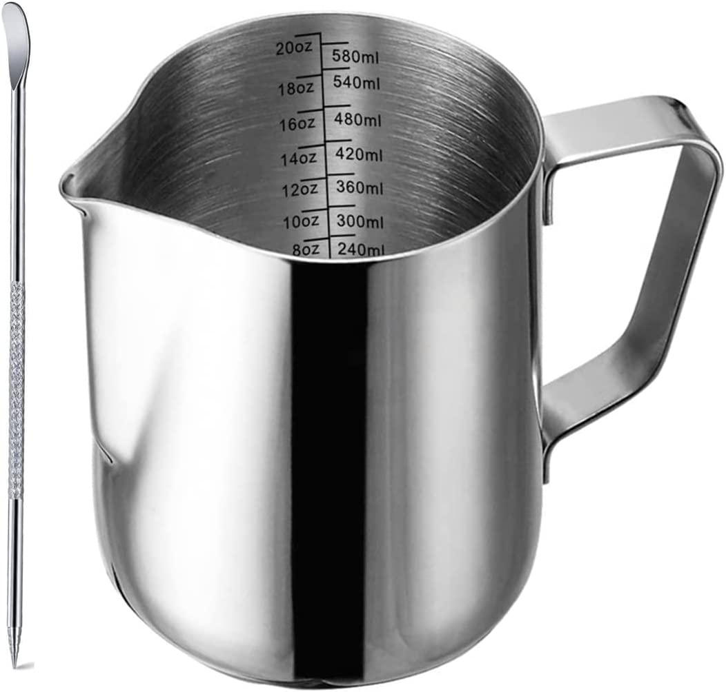 Milk Frothing Pitcher with Decorating Art Pen SUS304, Stainless Steel Milk Frother Cup Steaming Measurements inside for Espresso Machine Coffee Foam Making Cappuccino Latte Art (20 Oz/600 Ml)