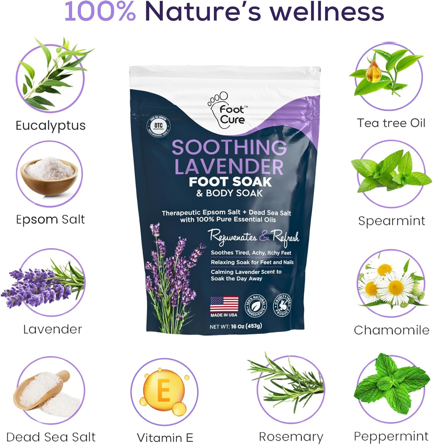 FOOT CURE Soothing Lavender Soak with Epsom Salt, Made in USA, Soak Soothes Sore Tired Feet, Athletes , Stubborn Odor, Softens Calluses & Helps Treat Toenail, 16 Oz,2 Pack image number 1