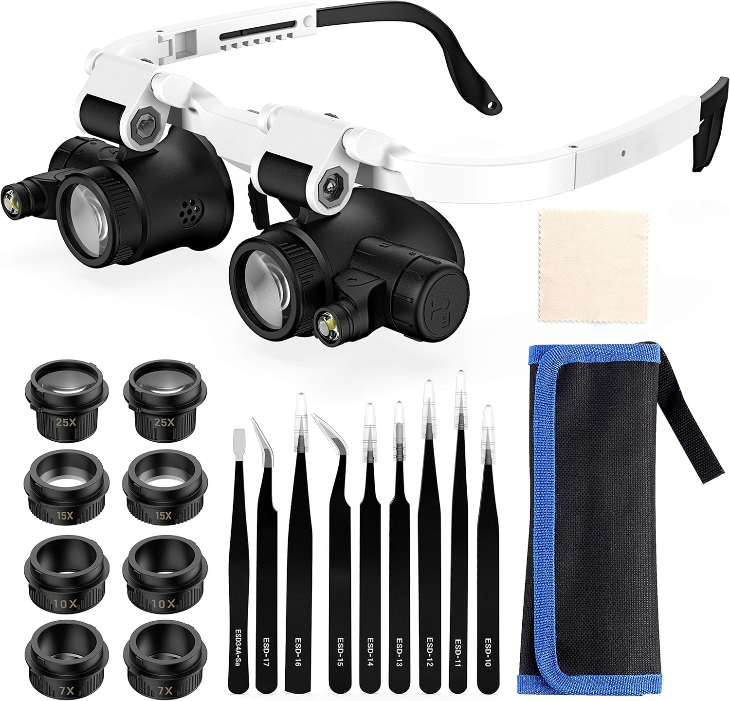 Adjustable Headband Magnifying Glass with Led Light, 4 Removable Lenses, 2 LED Lights, Hands-Free Reading Magnifier for Close Work, Jewelry, Craft, Watch, Hobby and Reading (7X, 10X, 15X, 25X) image number 4