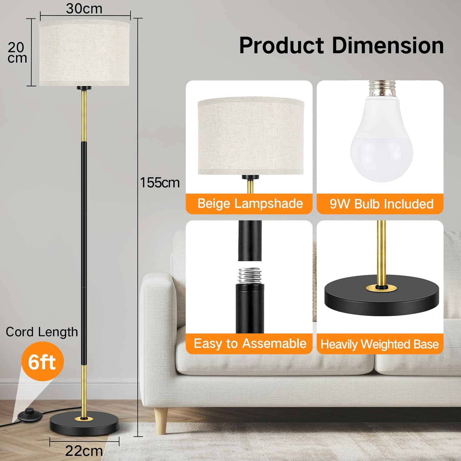 OUTON LED Dimmable Floor Lamp, Drum Shade Tall Lamp with 1H Timer & APP Control, Great Living Room Decor, Mid-Century Lamp for Living Rooms Offices Bedroom image number 6