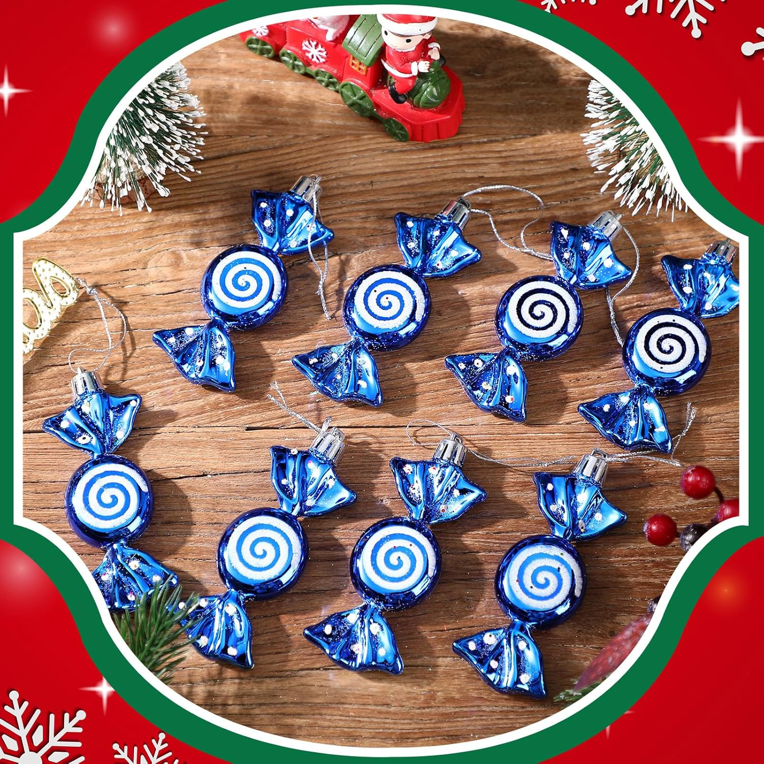 Threan 12 Christmas Tree Sweets Christmas Tree Decorations Candy Glitter Hanging Christmas Candy Ornaments Candy Cane Decoration with Golden Ropes (Blue, Plastic) image number 3