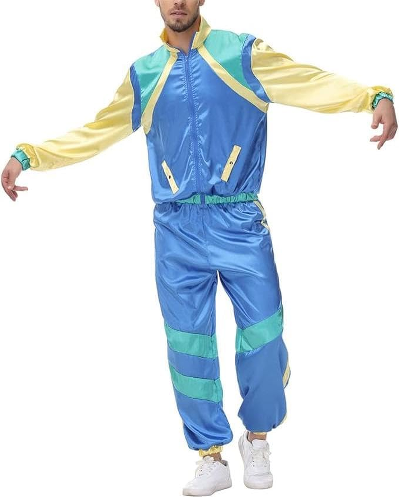 Women Men 80S 90S Costume Color Block Tracksuit Windbreaker Long Sleeve Zip Front Jacket Pants Headband Set