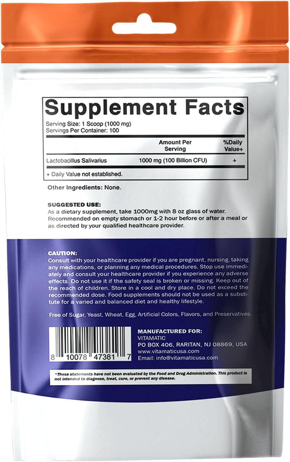 Vitamatic Lactobacillus Salivarius Probiotic Powder - Digestive Support - 100 Gram (3.5 OZ) - 100 Servings image number 1