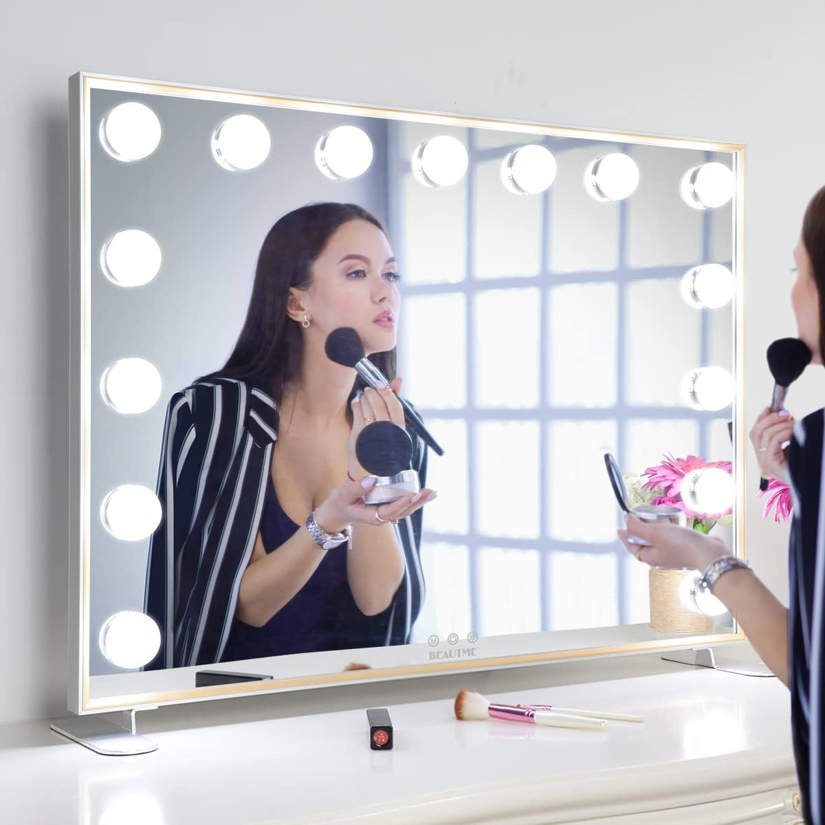BEAUTME Vanity Mirror with Lights, Hollywood Makeup Mirror with Lights, Makeup Mirror with 16 Dimmable Led Bulbs, 3 Color Lighting Modes, Tabletop or Wall Mount, Black, 91.1&times;61.6Cm