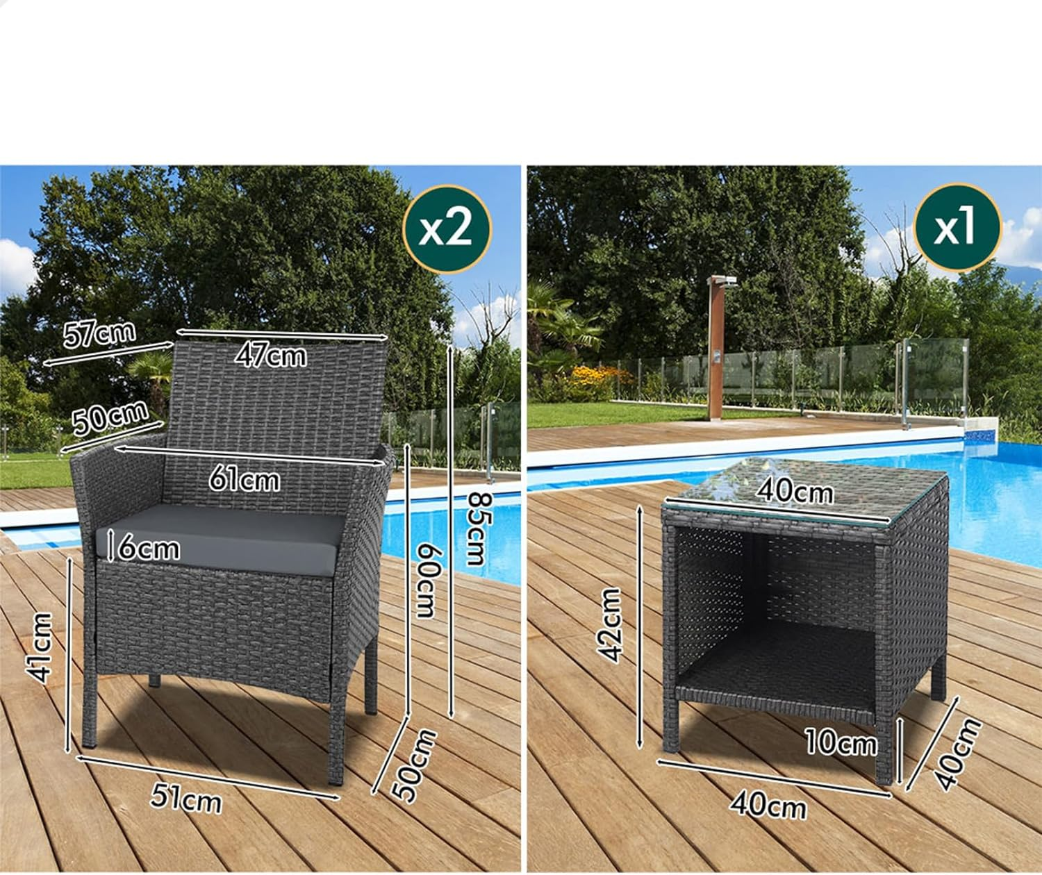 ALFORDSON Outdoor Patio Furniture 3Pcs Conversation Set, Wicker 3 Pieces Lounge Chair & Glass Coffee Table Setting, Steel Frame Garden Rattan Sofa with Cushions, Dark Grey image number 6