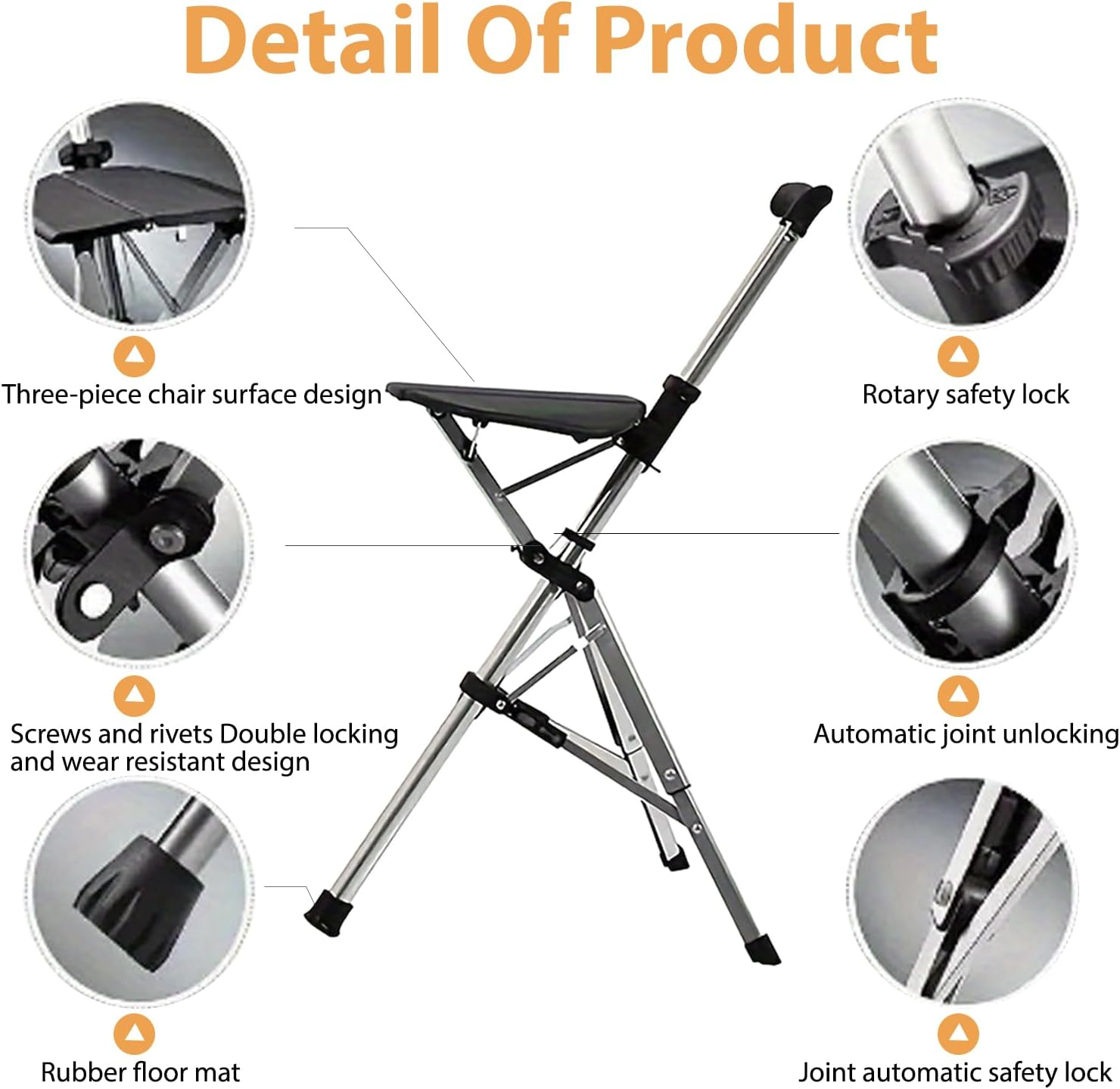 Cane with Seat Folding Walking Stick with Seat, Walking Cane with Chair, Foldable Chair, Crutches Stool for Camping, Hiking, Lightweight, Easy Carry, Anti-Slip (Black) image number 5