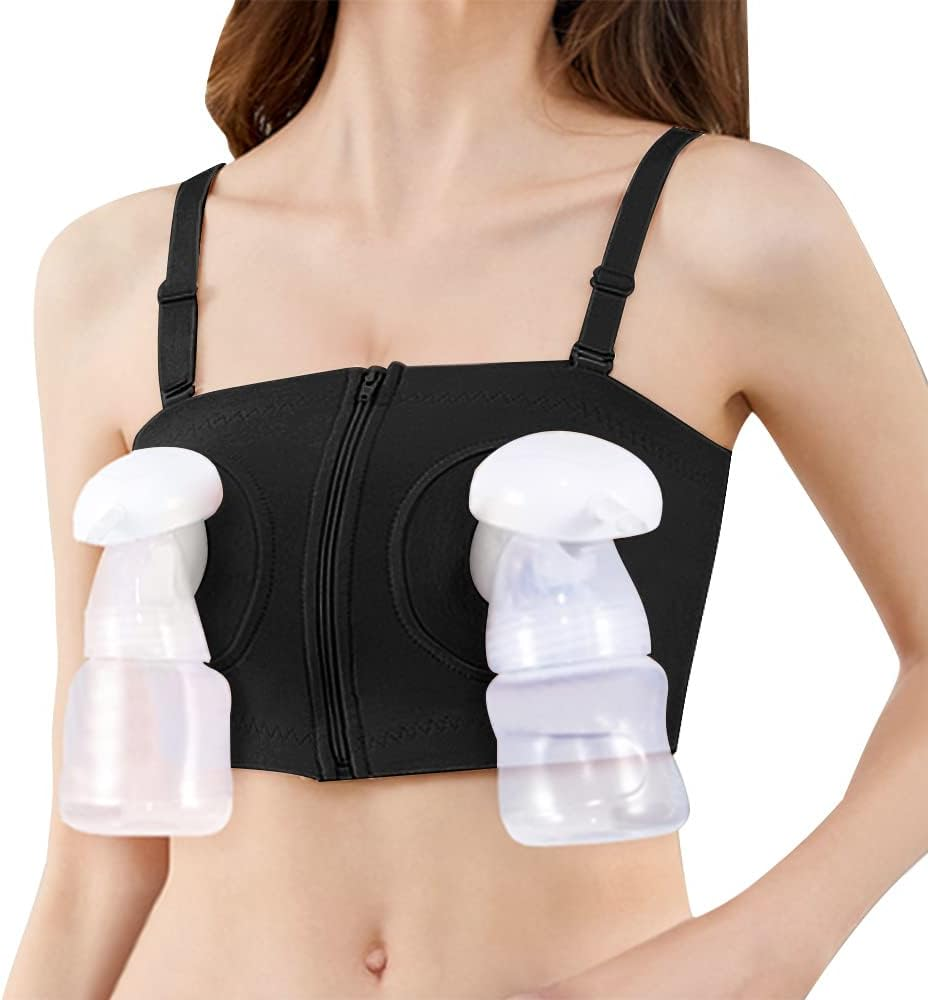 Autowt Hands Free Pumping Bra, Front Zipper Breast Pump Bra, Comfortable and Adjustable Hook&Loop Back Nursing Bra, for Most Breast Pumps