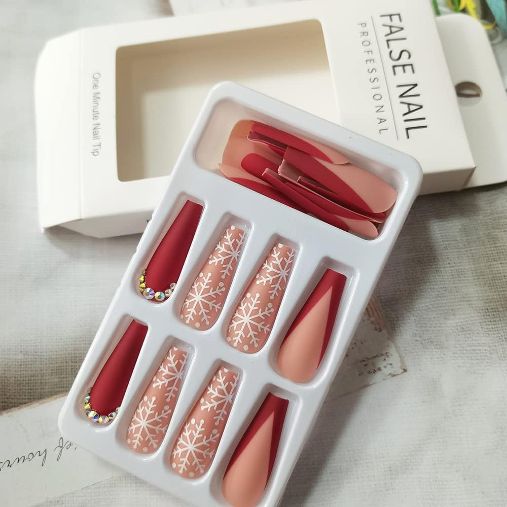 Snowflake Press on Nails Long Christmas Red Fake Nails Square Matte False Nails with Rhinestones for Christmas Nail Decorations Artificial Ballerina Press on Nails for Women Girls 24Pcs image number 3