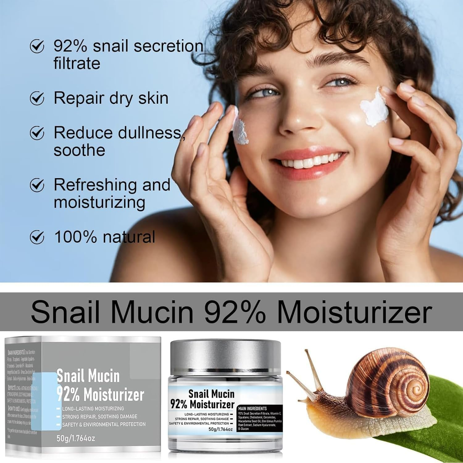 Snail Mucin 92% Moisturizer Daily Face Gel Cream,Hydrating Snail Mucin Repair Face Gel,Crema De Baba De Caracol Original,Hydrating Repair Face Gel Cream for Dry & Sensitive Skin All Skin Types (2) image number 6