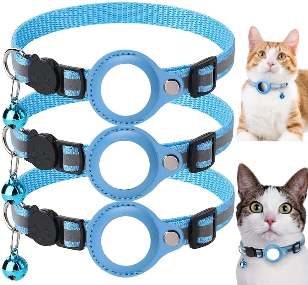 3 PCS Airtag Cat Collars, Reflective Kitten Collar with Breakaway Bell, Dog Collar Accessory with Safety Buckle for Apple Air Tag, Cat Collar Waterproof Airtag Holder Quick Release for Puppy (PK)