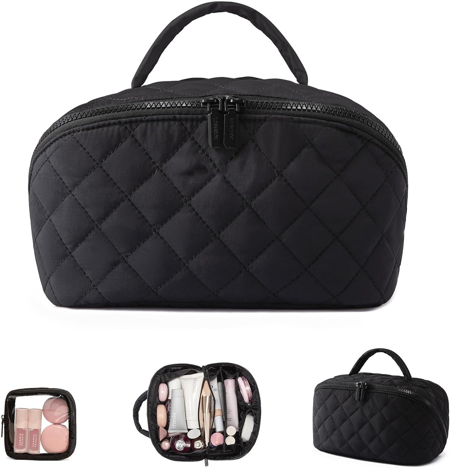 Kawlxpp Petition Makeup Bag for Women, Wide Open Lay-Flat Large Capacity Travel Cosmetic Case with Compartments, Water-Resistant Puffy Organizer for Toiletries & Brushes (Black, 4L)