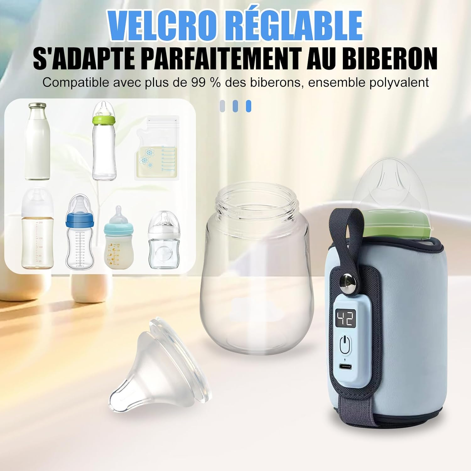 Baby Bottle Warmer Portable,Milk Warmer 5-Speed Temperature Adjustment,Usb-C Charging,Adjustable Velcro,Easy to Clean,Suitable for Most Baby Bottles,Blue image number 3