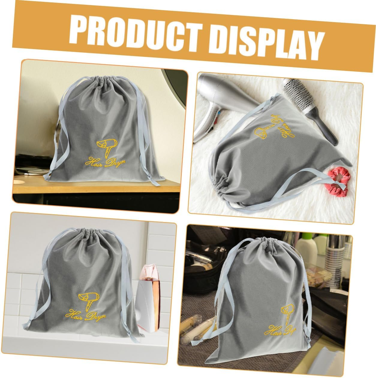 DONFAMDS 2Pcs Drawstring Hair Dryer Storage Bags Classic Grey Portable Blow Dryer Organizer Pouch for Travel Home Hotel Use