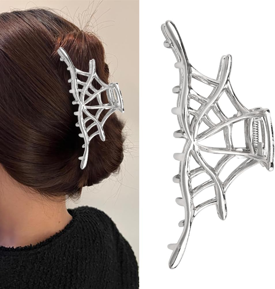 Large Spider Web Claw Clips for Women Girls Halloween Hair Clips for Women Girls Black Spider Web Metal Claw Clip for Hair Accessories for Halloween Party Cosplay
